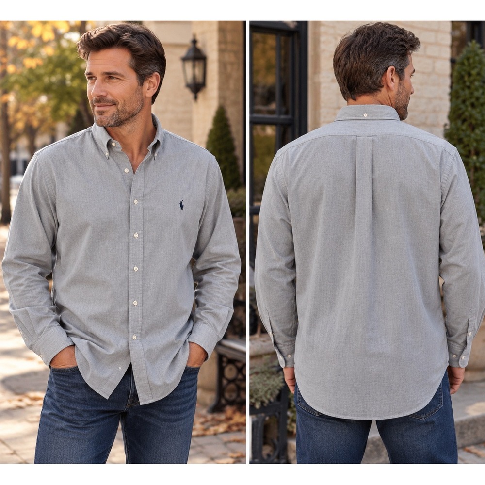 Ralph Lauren Yarmouth Gray Herringbone Button Down Shirt 17.5 34/35